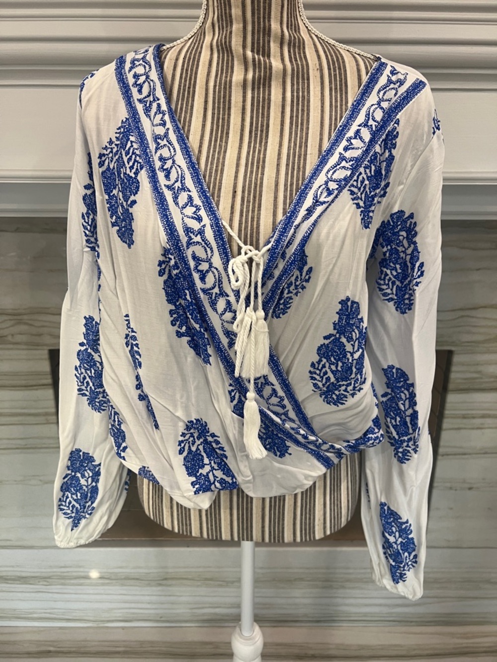 White & Blue Embroidered V-Neck Wrap Top